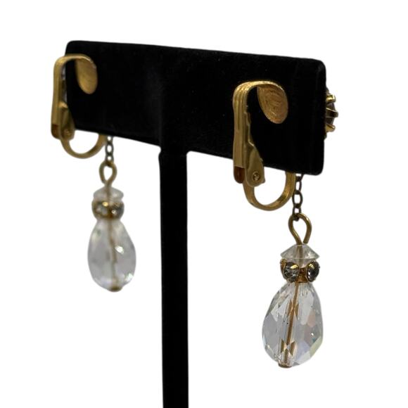 Vintage Gold tone Crystal Dangle Drop Earrings Dressy Glam Eveningwear Sparkle - Picture 4 of 10